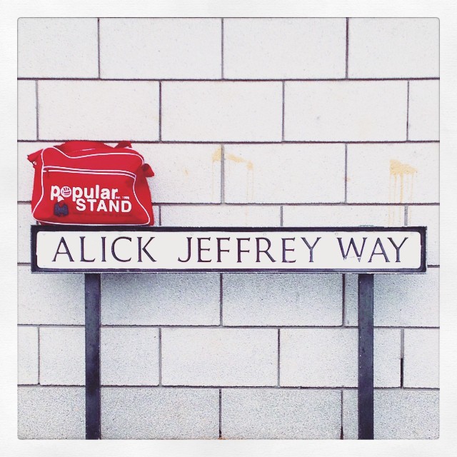 popular STAND fanzine bag, on Alick Jeffrey Way, outside Doncaster Rovers stadium