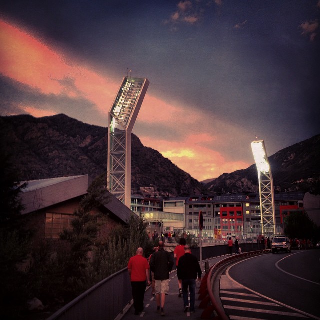 Wales fans walk towards the Estadi Nacional ahead of its opening match; Andorra versus Wales