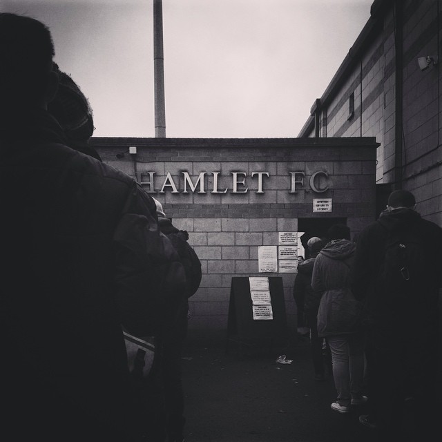 A queue at the turnstile at Champion Hill for Dulwich Hamlet versus Leatherhead