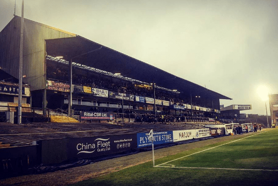 Main Stand at Plymouth Argyle's Home Park for the match against Doncaster Rovers