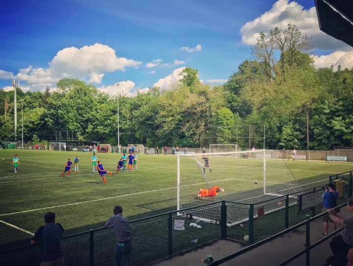 Chagos Islands pull a goal back from the penalty spot during the CONIFA international friendly at Whyteleafe