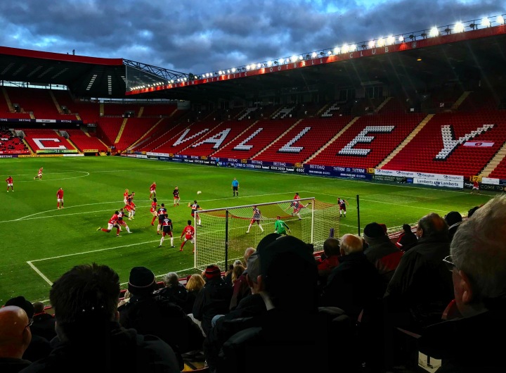 Empty home stands at The Valley as Rovers defend a corner in the FA Cup second round tie