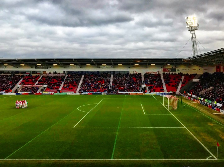 Doncaster Rovers players have a pre-match huddle ahead of the FA Cup 4th round tie at Keepmoat Stadium
