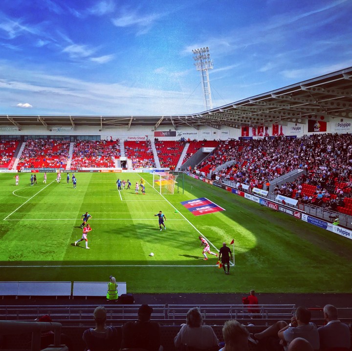 Doncaster Rovers take a short corner in their League One victory over Wycombe Wanderers at Keepmoat Stadium
