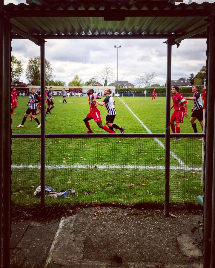 Two players prepare to challenge for a header during the Spartan South Midlands League Premier Division game at Chalk Lane