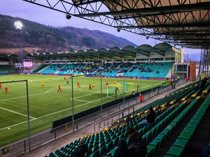 The home side go close to a second goal during the Slovak Premier League game