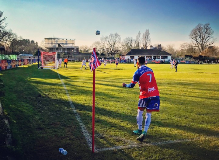 A Peckham Town player takes a corner kick during their 4-2 Kent County League Premier Division win over Kings Hill