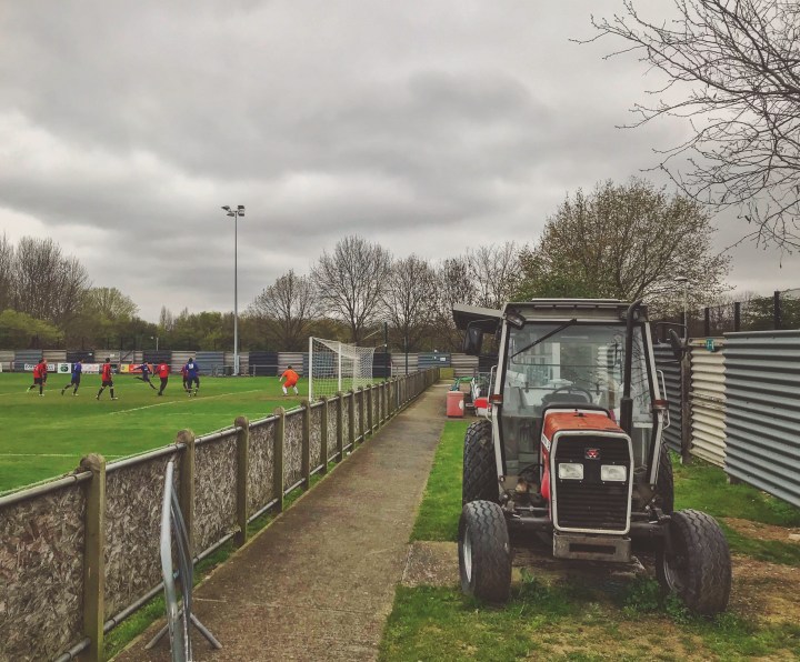 A tractor behind the goal at Bayliss Avenue as SC Thamesmead take on Lewisham Borough in Southern Counties East League Division One