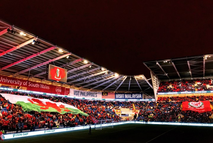 The lights go out ahead of the teams' entrance to the Cardiff City Stadium for the Nations League tie between Wales and Denmark