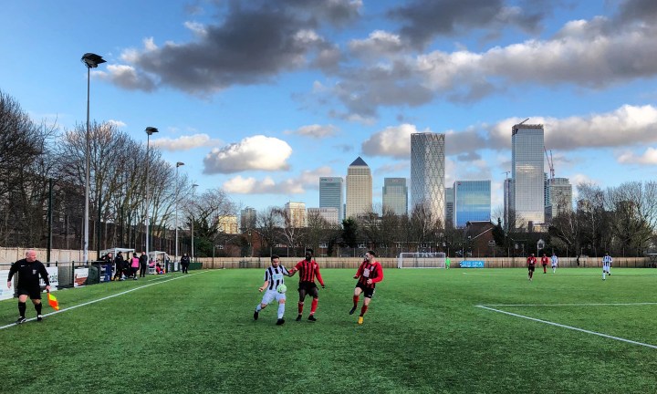 Fisher host Glebe against a back drop of the towers of London's financial district