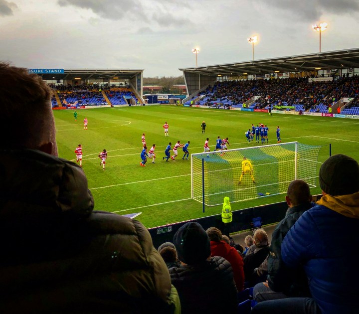 A view from the away end at Shrewsbury Town's New Meadow with Doncaster Rovers on the attack