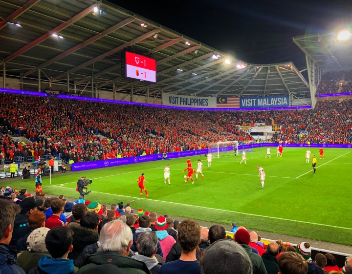 Wales on the attack against Belgium in front of a large Canton Stand crowd at the Cardiff City Stadium
