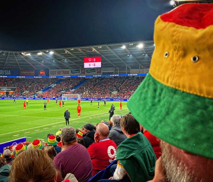 Wales fans in red yellow and green bucket hats watch on as Wales play Austria at Cardiff City Stadium
