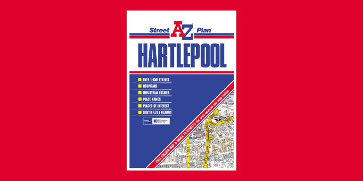 The front cover of an A to Z for Hartlepool on a red background