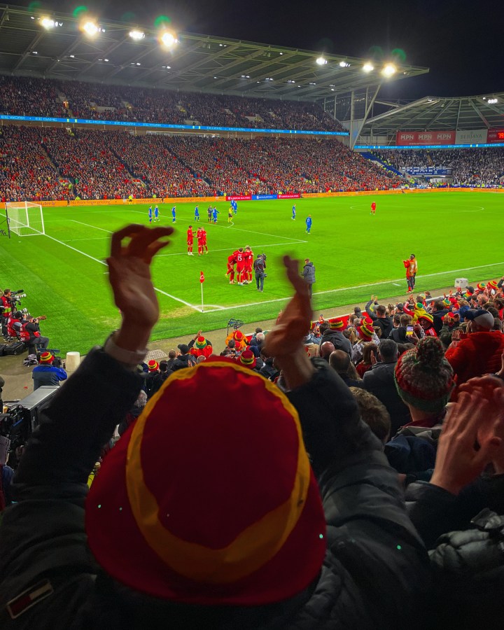 Wales players celebrate between the hands of a celebrating supporter in the foreground during their 4-1 win over Finland