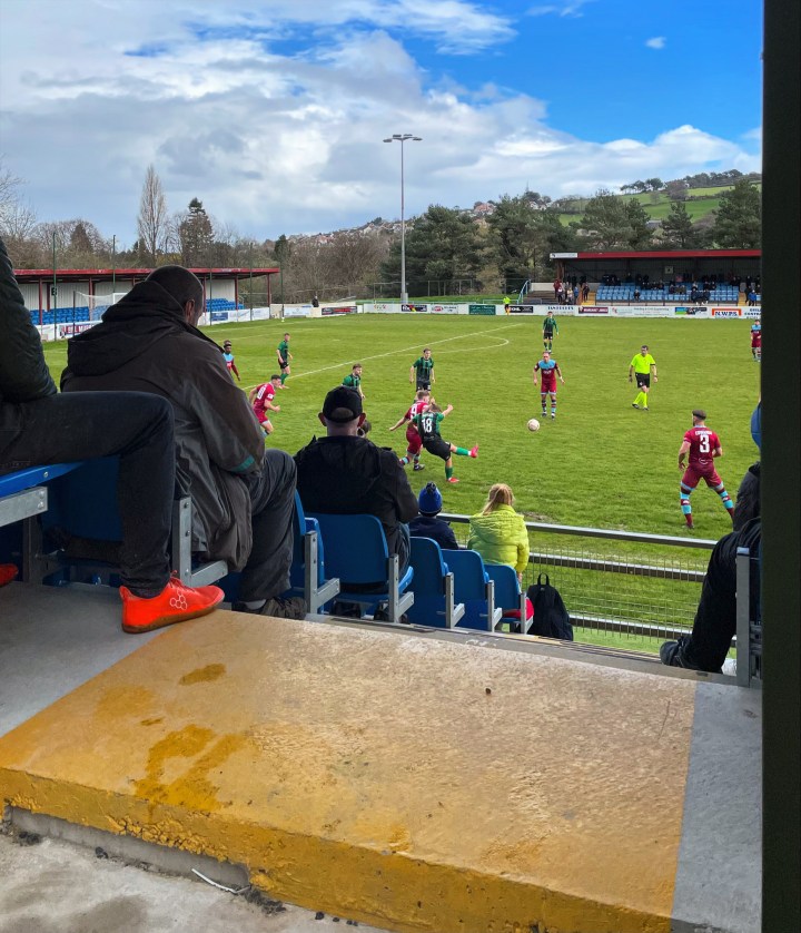 Looking down the gangway in the main stand at Colwyn Bay's Llanelian Road ground as Bay take on Aberystwyth Town