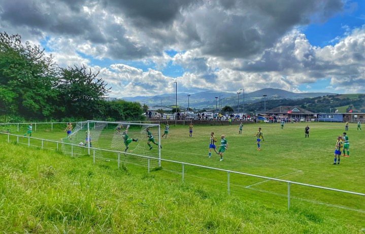 Glan Conwy take the lead with a close range header against Penmaenmawr Phoenix