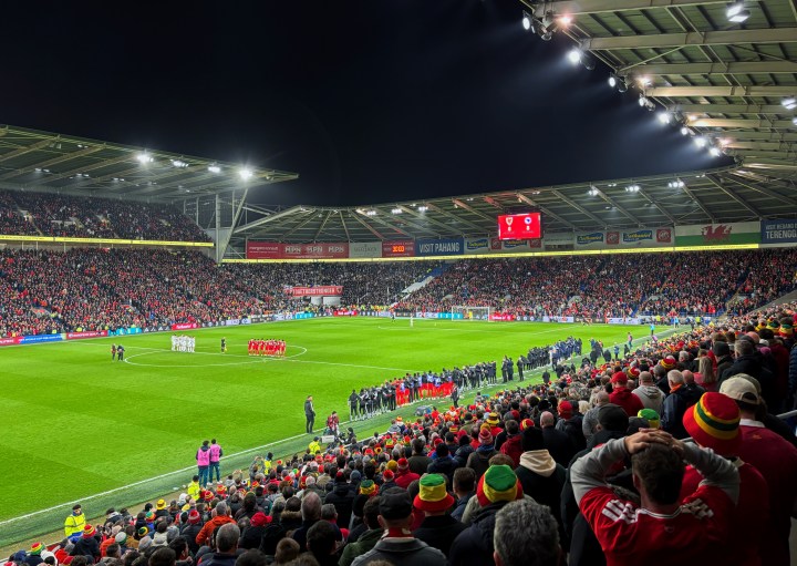 Fans and players watch on as the penalty shoot-out gets under way at the end of Wales and Bosnia Herzegovina's World Cup qualifying play-off semi final.